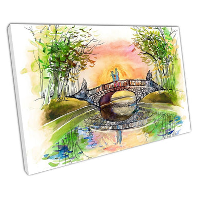 loving couple on the bridge watercolour romance sunset Ready to Hang Wall Art Print Picture For Home Office Decor