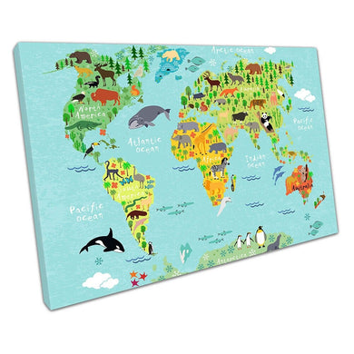 illustration Oceans Sea life World map of ANIMALS Blue Ready to Hang Wall Art Print Picture For Home Office Decor