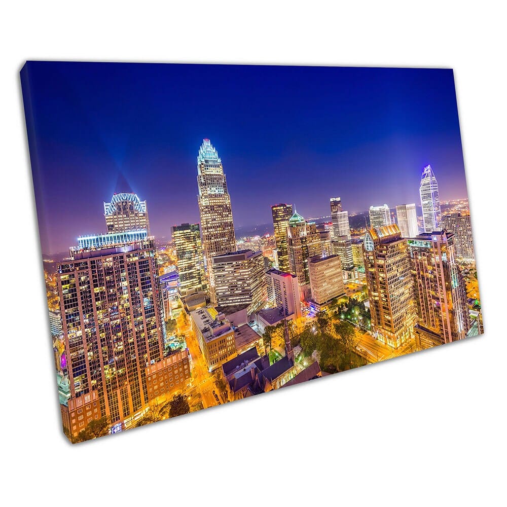 City lights of Charlotte Uptown North Carolina Skyline Art Ready to Hang Wall Art Print Picture For Home Office Decor