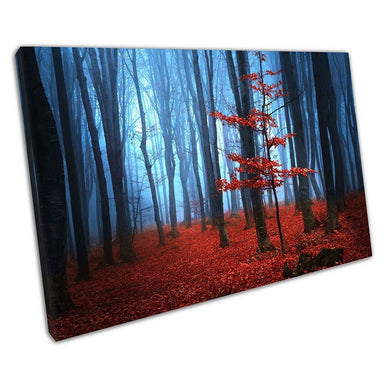 Blue morning Mist Red carpet of leaves with a single Red Tree Canvas Wall Art Print Picture For Home Office Decor