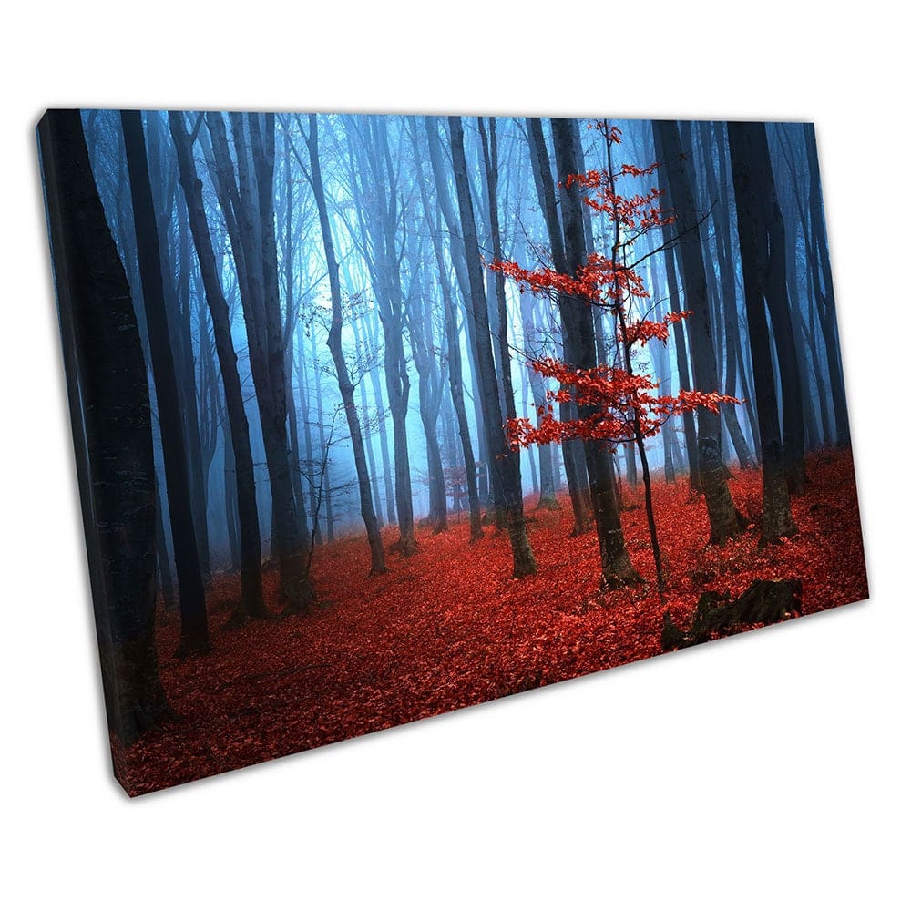 Blue morning Mist Red carpet of leaves with a single Red Tree Canvas Wall Art Print Picture For Home Office Decor