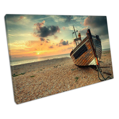 Beautiful sunrise old wooden fishing boat on pebble beach Canvas Wall Art Print Picture For Home Office Decor