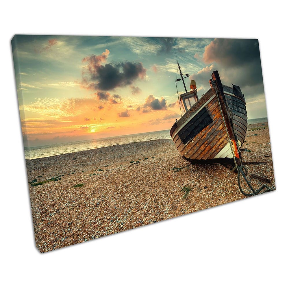Beautiful sunrise old wooden fishing boat on pebble beach Canvas Wall Art Print Picture For Home Office Decor