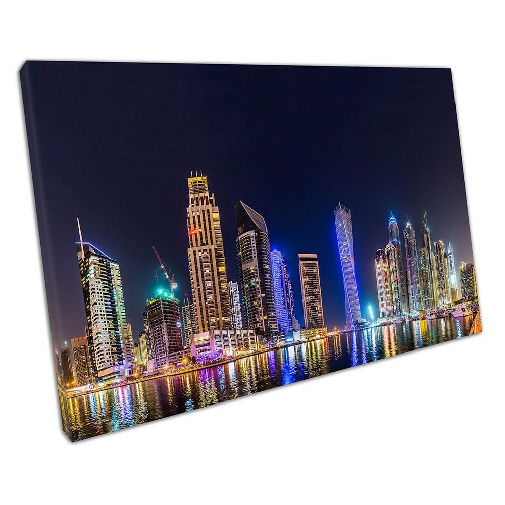 Dubai Marina shoreline at night Cityscape United Arab Emirate Canvas Wall Art Print Picture For Home Office Decor