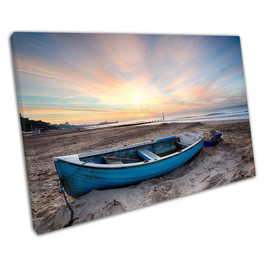 Fishing Boat at Sunrise Bournemouth beach English coastline Ready to Hang Wall Art Print Picture For Home Office Decor
