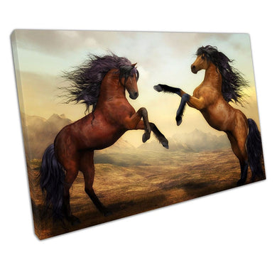 Brown fighting horses animal art Ready to Hang Canvas Wall Art Print Picture For Home Office Decor