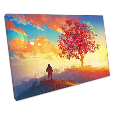 Autumn sunrise Red Tree The long walk home landscape Canvas Wall Art Print Picture For Home Office Decor