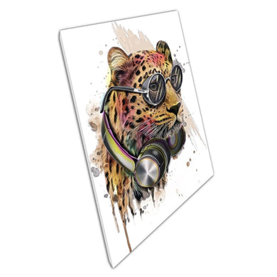 Colourful Leopard In Headphones And Glasses Watercolour Quirky Illustration Wall Art Print On Canvas Picture For Home Office Decor