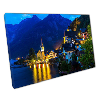 Classic View Of Hallstatt Village In The Alps At Dusk Austria Wall Art Print On Canvas Picture For Home Office Decor