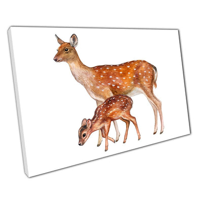 Female Mother Deer With Baby Fawn Watercolour Illustration Canvas Wall Art Print On Canvas Picture For Home Office Decor
