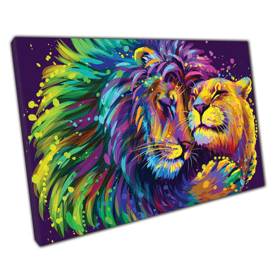 Lion And Lioness Cuddle Embrace Digital Colourful Wildlife Wall Art Print On Canvas Picture For Home Office Decor