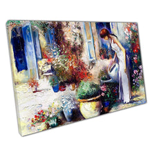Laad de afbeelding in galerijviewer, Classic Oil Painting Of Woman In White Dress Tending Her Garden Wall Art Print On Canvas Picture For Home Office Decor

