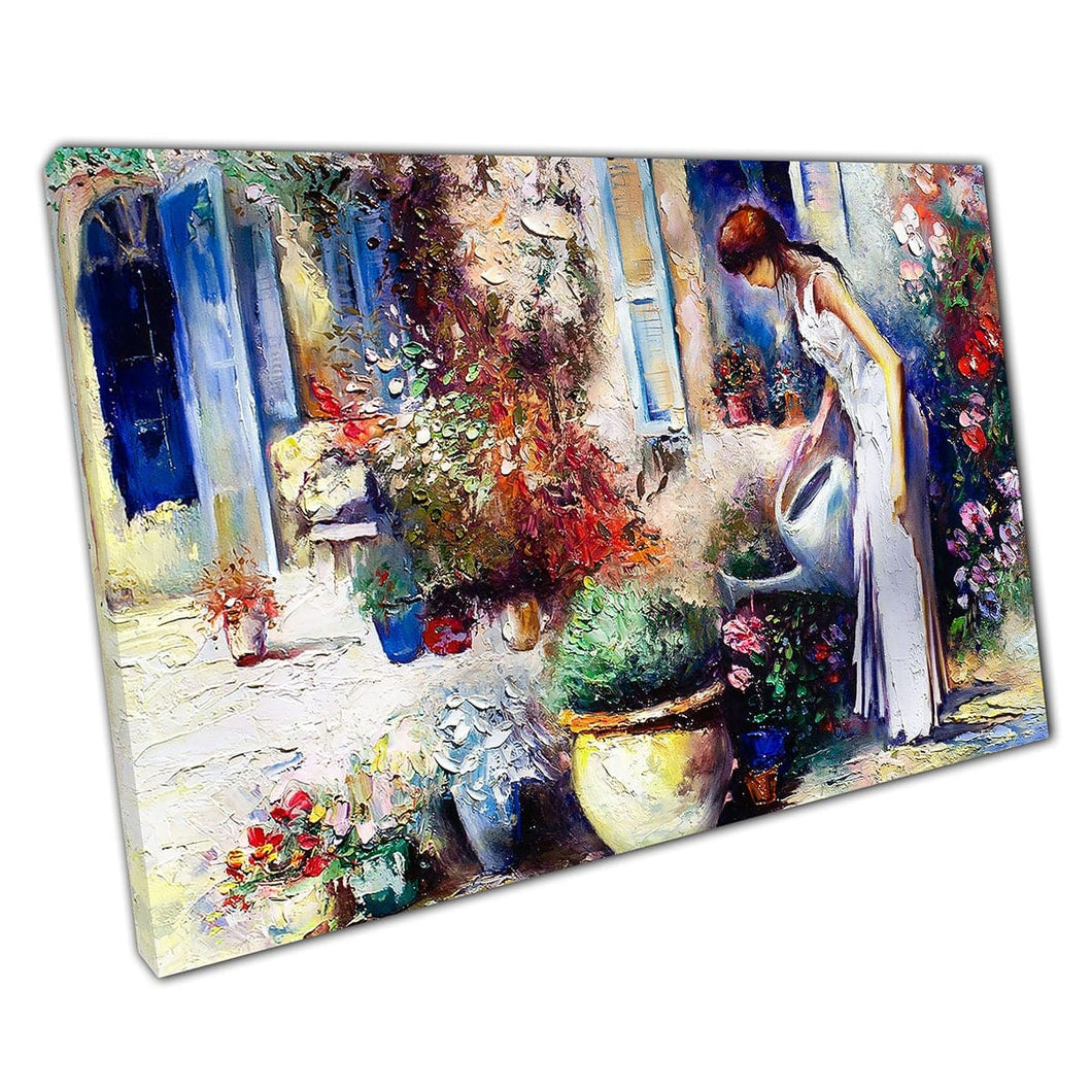 Classic Oil Painting Of Woman In White Dress Tending Her Garden Wall Art Print On Canvas Picture For Home Office Decor