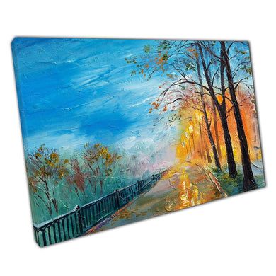 Abstract Rainy Autumn Street Illuminated By Street Light Painting Wall Art Print On Canvas Picture For Home Office Decor