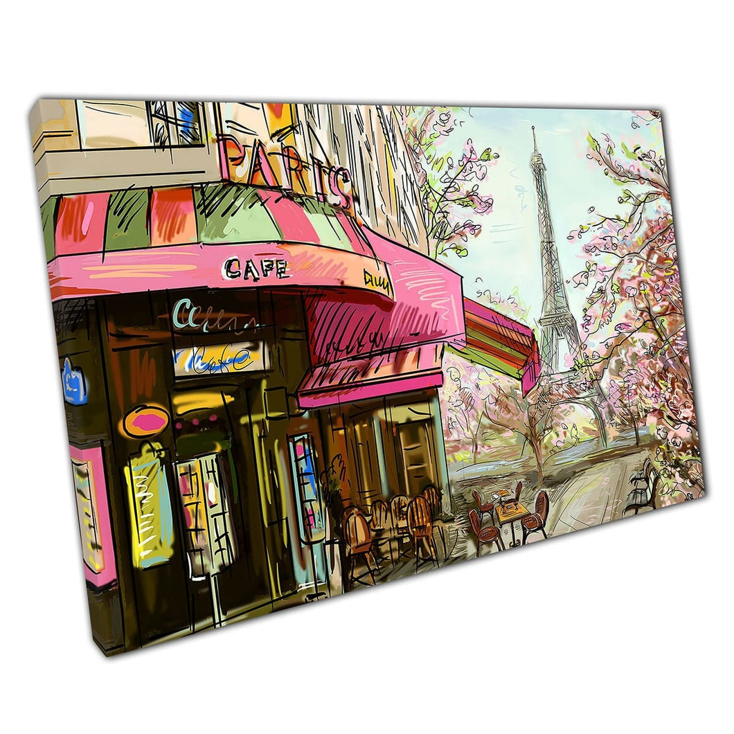 Colourful Concept Illustration Of Parisian Street Eiffel Tower Paris France Wall Art Print On Canvas Picture For Home Office Decor