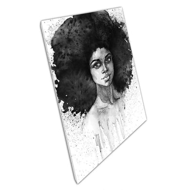 Beautiful African Woman With Natural Hair Monochrome Watercolour Painting Style Wall Art Print On Canvas Picture For Home Office Decor