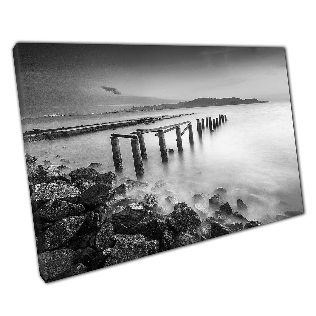 Abandoned Jetty Pulau Pinang Island Malaysia Black And White Photography Wall Art Print On Canvas Picture For Home Office Decor