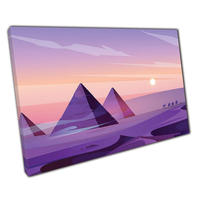 Egypt Pyramids River Nile Giza Plateau Purple Sky At Sunset Digital Illustration Wall Art Print On Canvas Picture For Home Office Decor