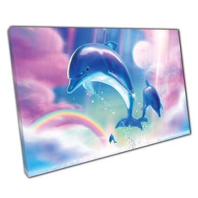 Bottlenose Dolphins Leaping Out The Ocean Fantasy Rainbow Fuchsia Scene Wall Art Print On Canvas Picture For Home Office Decor