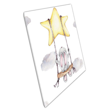 Cute Cartoon Bunny Rabbit On Star Swing In Sky Kids Room Art Watercolour Painting Wall Art Print On Canvas Picture For Home Office Decor