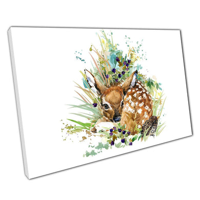 Fawn Baby Forest Deer Woodland Animal Bird Friend Relaxing In The Grass Watercolour Wall Art Print On Canvas Picture For Home Office Decor
