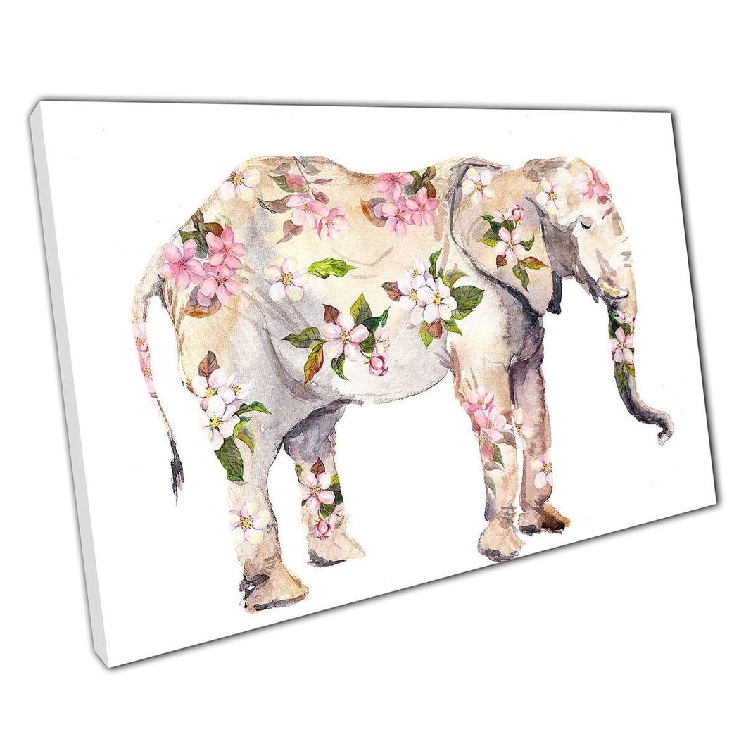 Elephant Covered In Pink Cherry Blossom Floral Watercolour Painting Illustration Wall Art Print On Canvas Picture For Home Office Decor