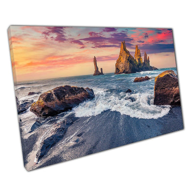 Nordic Scenery Morning Sunrise Over Atlantic Ocean From Vik Iceland Wall Art Print On Canvas Picture For Home Office Decor