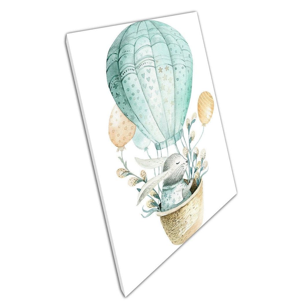 Cute Cartoon Bunny Rabbit In Hot Air Balloon Watercolour Kids Nursery Room Wall Art Print On Canvas Picture For Home Office Decor
