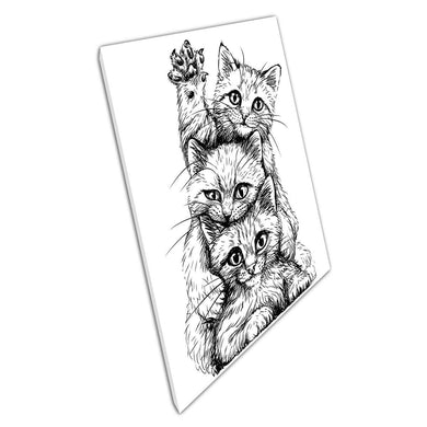 Cute Black And White Sketch Of Three Happy Kittens Cats Playing Together Illustration Wall Art Print On Canvas Picture For Home Office Decor