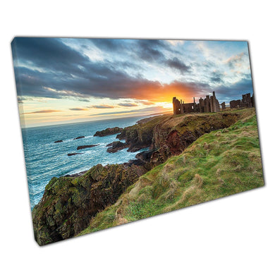 Dramatic Seascape Orange Sunset Over The Ruins Of Slains Castle East Coast Scotland Wall Art Print On Canvas Picture For Home Office Decor