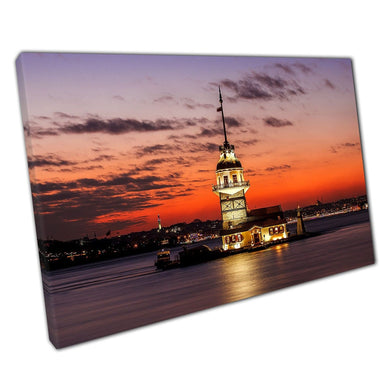 Beautiful Rich Warm Red Sunset Seascape With Maiden Tower Kiz Kulesia Istanbul Wall Art Print On Canvas Picture For Home Office Decor