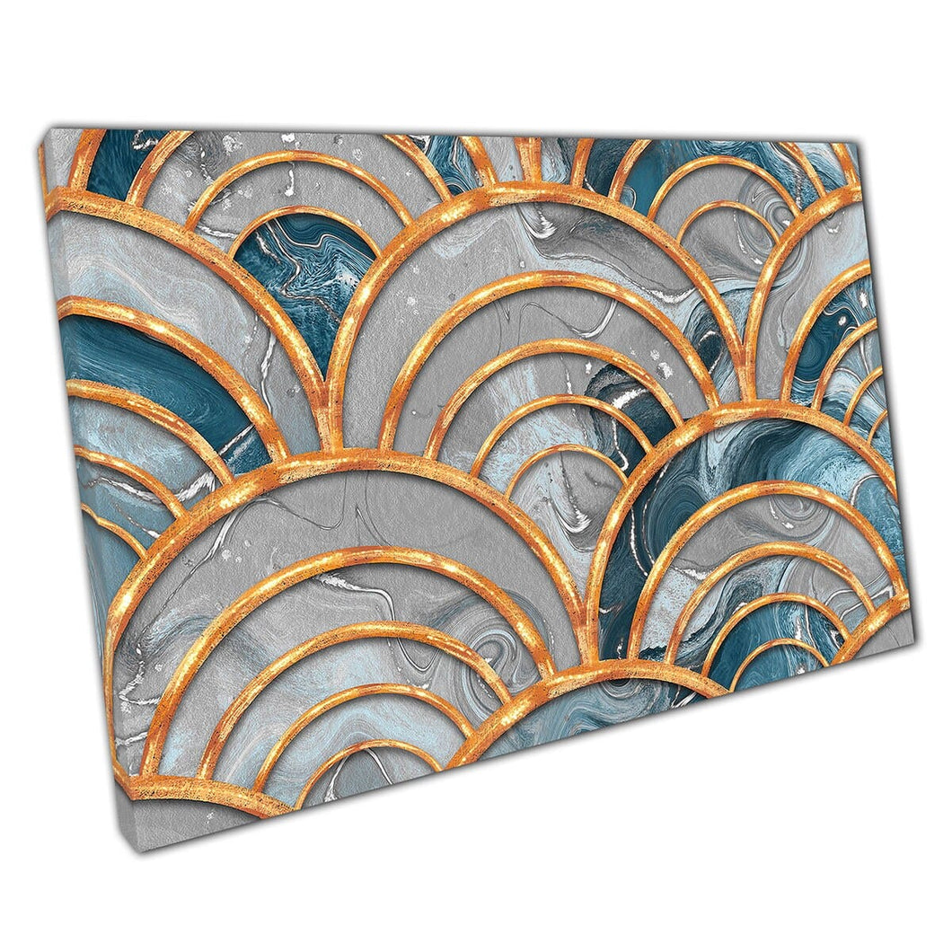 Art Deco Inspired Layering Free Flowing Marbling Texture Blue Silver Gold Pattern Wall Art Print On Canvas Picture For Home Office Decor
