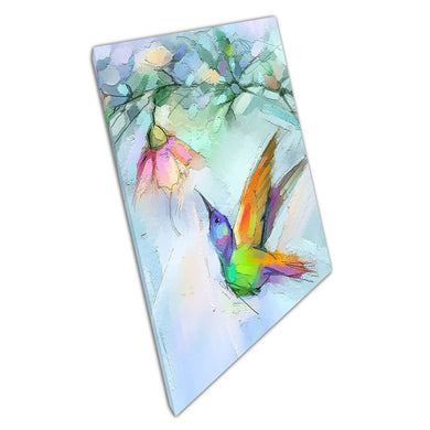 Abstract Colourful Hummingbird Feeding From A Hanging Flower Nature Inspired Wall Art Print On Canvas Picture For Home Office Decor