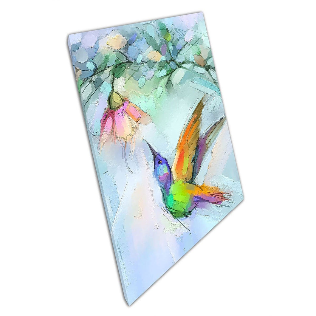 Abstract Colourful Hummingbird Feeding From A Hanging Flower Nature Inspired Wall Art Print On Canvas Picture For Home Office Decor