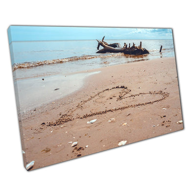 Love Heart Drawn Into The Sand On A Calm Beautiful Beach Seascape Wall Art Print On Canvas Picture For Home Office Decor