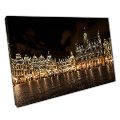 Grand Place Brussels Belgium Illuminated By Golden Lights At Night Architecture Wall Art Print On Canvas Picture For Home Office Decor