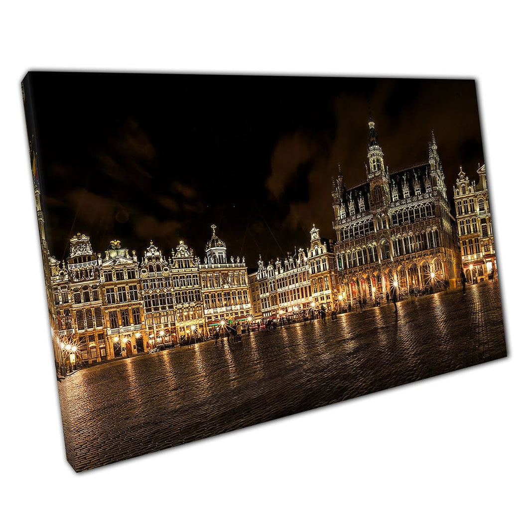 Grand Place Brussels Belgium Illuminated By Golden Lights At Night Architecture Wall Art Print On Canvas Picture For Home Office Decor