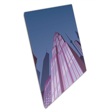 Art Deco Inspired Skyscraper Architecture Cool Toned Digital Illustration Style Wall Art Print On Canvas Picture For Home Office Decor