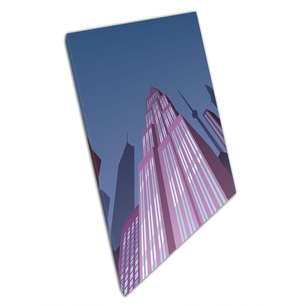 Art Deco Inspired Skyscraper Architecture Cool Toned Digital Illustration Style Wall Art Print On Canvas Picture For Home Office Decor