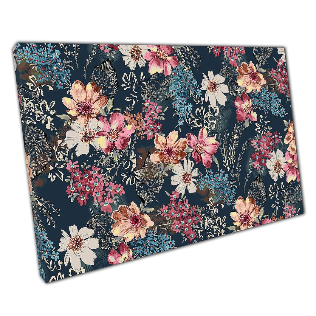 Detailed Abstract Watercolour Floral Flower Pattern Abstract Garden Blues Pinks Wall Art Print On Canvas Picture For Home Office Decor