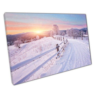 Country Road And Fields Covered In A Layer Of Morning Snowfall Winter Seasonal Wall Art Print On Canvas Picture For Home Office Decor