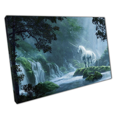 Majestic White Unicorn In Magical Waterfall Forest Woodland Digital Illustration Wall Art Print On Canvas Picture For Home Office Decor