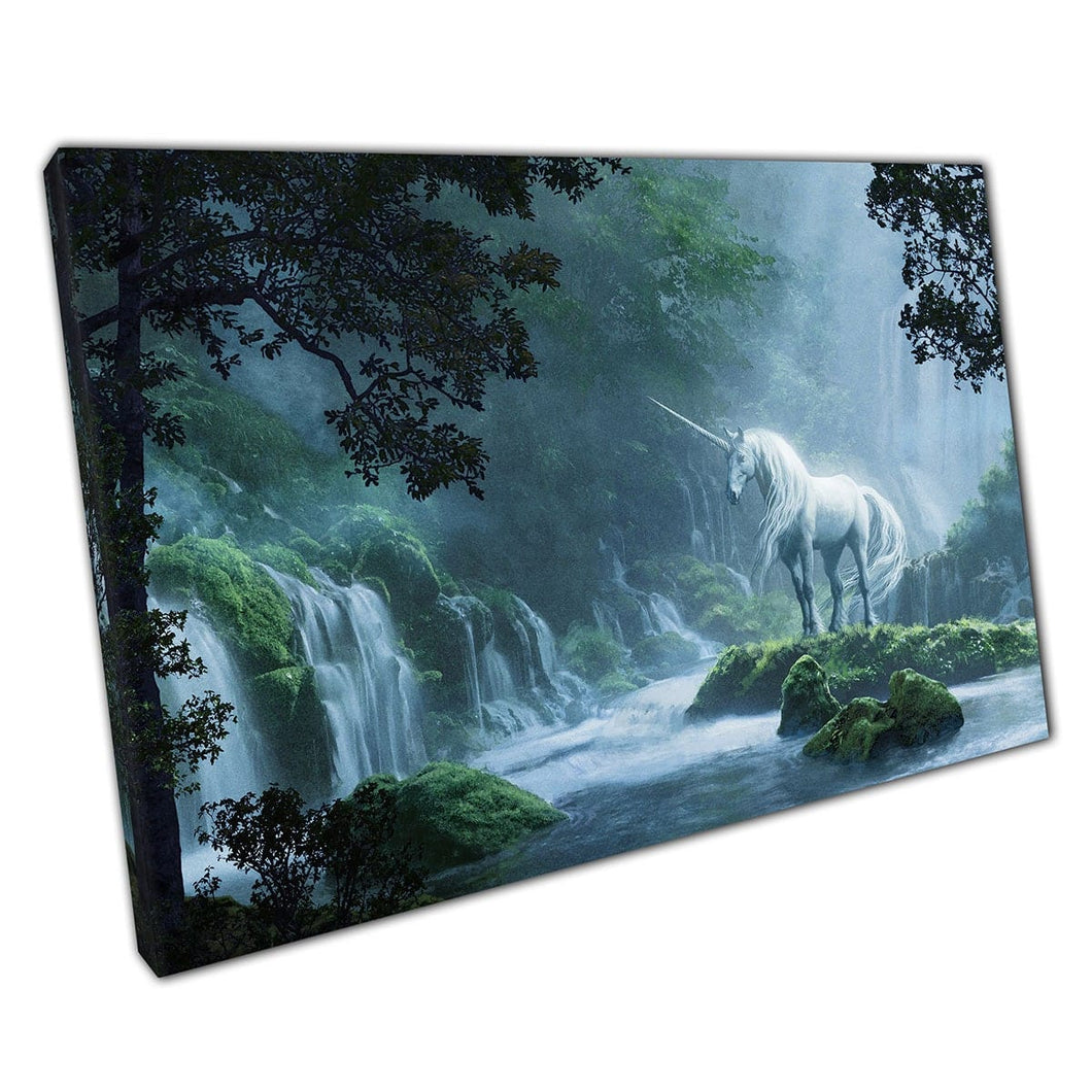 Majestic White Unicorn In Magical Waterfall Forest Woodland Digital Illustration Wall Art Print On Canvas Picture For Home Office Decor