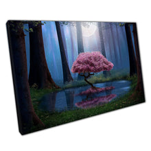 Laad de afbeelding in galerijviewer, Blooming Enchanted Blossom Tree In A Lake In Magical Moonlit Forest Woodland Fantasy Wall Art Print On Canvas Picture For Home Office Decor

