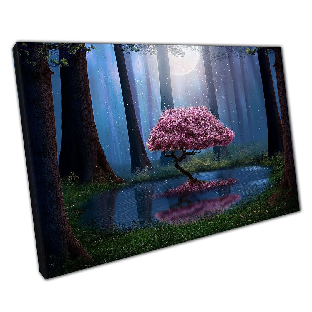 Blooming Enchanted Blossom Tree In A Lake In Magical Moonlit Forest Woodland Fantasy Wall Art Print On Canvas Picture For Home Office Decor