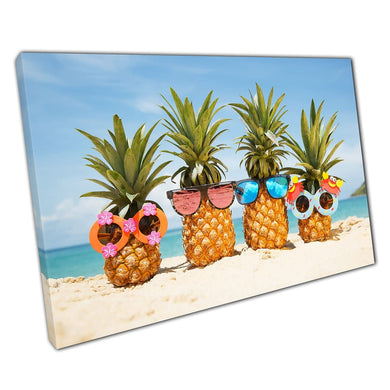 Family Of Funny Pineapples In Novelty Sunglasses On A Tropical Sandy Beach Summer Wall Art Print On Canvas Picture For Home Office Decor