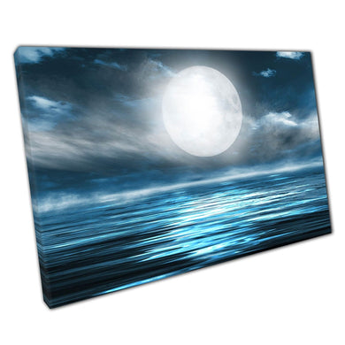 Full Moon Glowing Above The Dark Ocean Reflecting In The Sea Below Night Seascape Wall Art Print On Canvas Picture For Home Office Decor