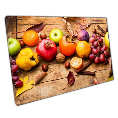 Fresh Bountiful Autumn Seasonal Harvest Fruits Leaves Nuts Homegrown Organic Food Wall Art Print On Canvas Picture For Home Office Decor