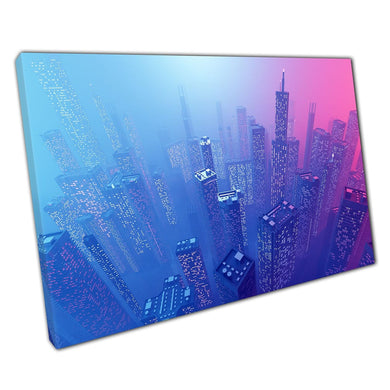 Futuristic Cityscape Neon Modern Abstract Cyberpunk Downtown Digital Illustration Wall Art Print On Canvas Picture For Home Office Decor