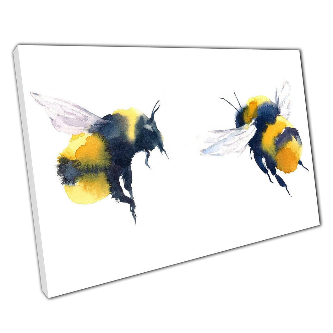 Friendly Fuzzy Bees In Flight Insects Summer Minimalist Watercolour Painting Style Wall Art Print On Canvas Picture For Home Office Decor